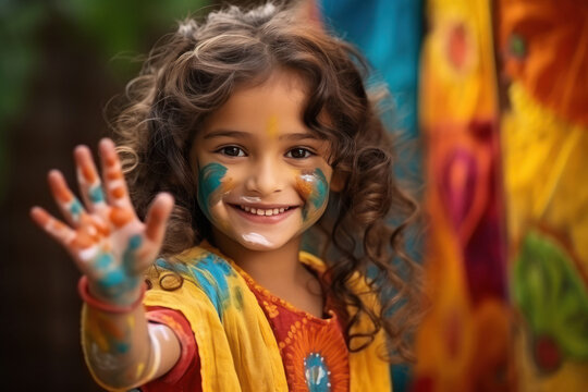 Indian girl showing palm full of colors