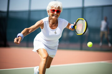 old woman playing tennis - obrazy, fototapety, plakaty