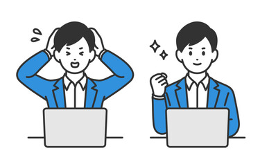 パソコンを見て焦る･ガッツポーズをするビジネスパーソン男性のセット【人物ベクターイラスト素材】