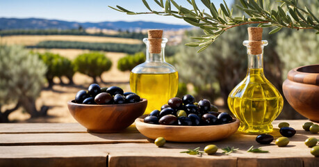 Olive Oil Bottle on Wooden Table with olives in a bowl mediterranean Background- AI - obrazy, fototapety, plakaty