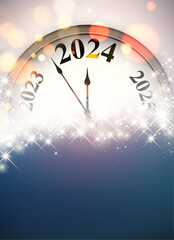 Fototapeta na wymiar New Year 2024 countdown clock over silver background with sparkles and defocused lights. Blue place for text.
