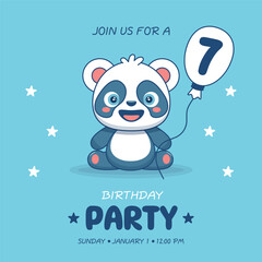 Cute baby boy panda. Birthday invitation for 7 year. Vector illustration