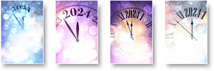 Happy new year 2024 countdown clock on purple and blue abstract glittering background with blurred sparkles and lights. Set of cards.