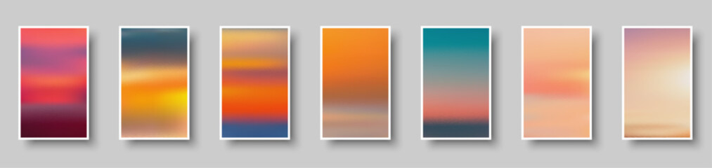 Set of colorful paper sunset and sunrise sea cards. Abstract blurred textured gradient mesh color backgrounds.