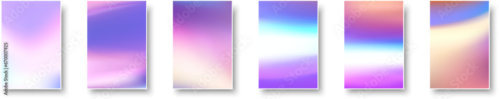 Wall mural set of colorful hologram paper card. abstract holographic wavy gradient mesh color backgrounds.