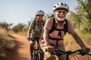 Happy indian elderly couple enjoying bicycle ride