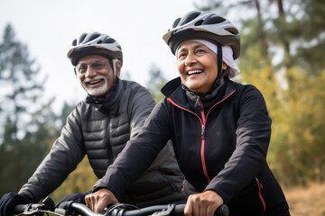 Happy indian elderly couple enjoying bicycle ride
