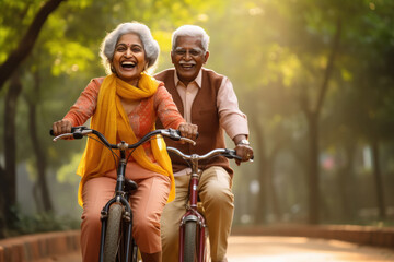 Indian old couple riding a bicycle