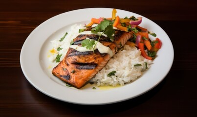 salmon with rice and vegetables.