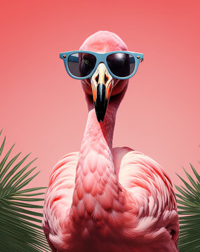 Flamingo wearing glasses with tropical leaves background. Flamingo with sunglasses and tropical flowers on black background, illustration. tropical plants and flowers. palm leaves.