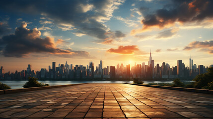 Empty square floor and city skyline with buildings background and sunlight