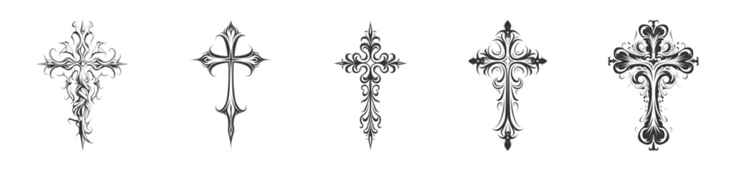 Cross tattoo silhouette set. Stencil art. Vector illustration