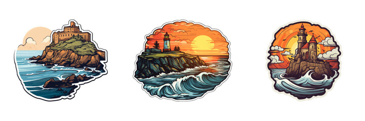 Lighthouse sticker. Cartoon vector illustration