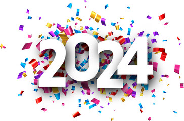 New Year 2024 paper numbers for calendar header on colorful background made of multicolored confetti.