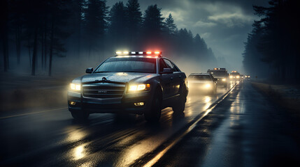 police car at night Police car chasing car at night with fog background - obrazy, fototapety, plakaty