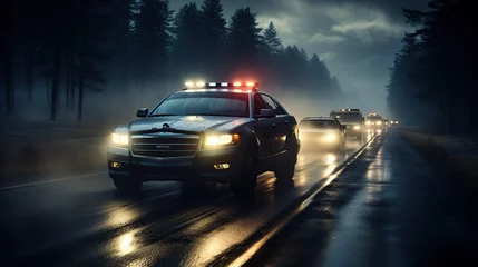 Stoff pro Meter police car at night Police car chasing car at night with fog background © Morng