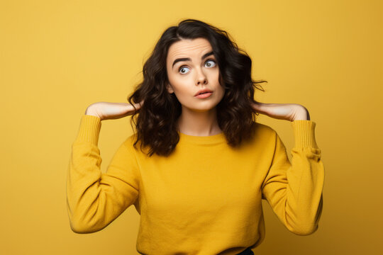 Portrait of ambiguous woman with dark wavy hair standing with raised arms, looking away and don't know what to do, Indoor studio shot isolated on yellow background