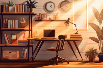 Illustration of contemporary home office with wooden shelves and laptop on desk. Generative AI