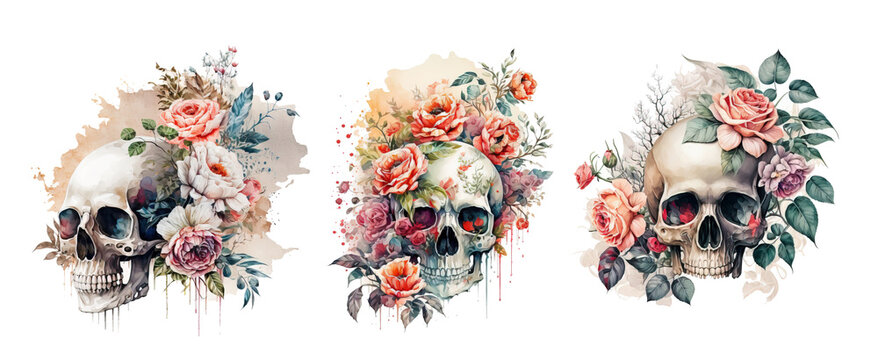 Skulls with flowers isolated on white. Watercolor painting. AI generated image..