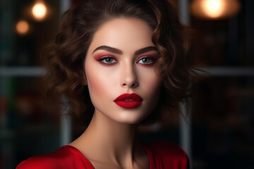 Portrait of Beautiful emotional woman with bright make-up applying red lipstick