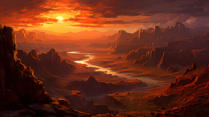 The warm hues of a setting sun cast a mesmerizing glow over vast canyons and their intricate rock formations, creating a stunning and highly detailed epic landscape.