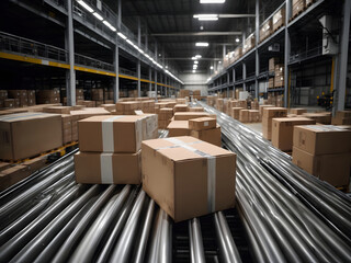 multiple packages of cardboard boxes moving smoothly along a conveyor belt in a warehouse fulfillmen
