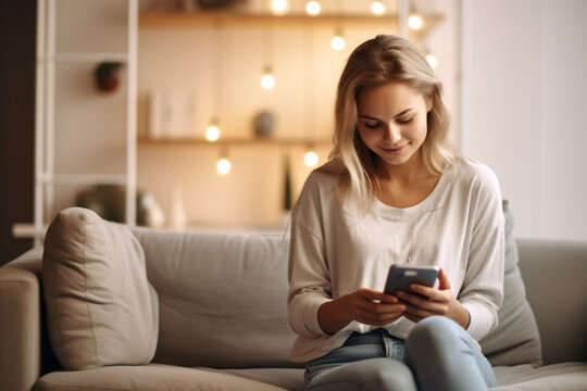Portrait of Beautiful Caucasian Female Using Smartphone in Stylish Living Room while Resting on Cozy Couch Sofa, Young Woman at Home, Doing Online Shopping, Messaging Friends, Posting on Social Media