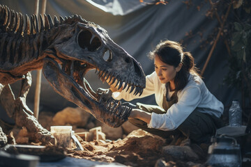 Portrait of Beautiful Paleontologist Cleaning Tyrannosaurus Dinosaur Skeleton with Brushes, Archeologists Discover Fossil Remains of New Predator Species, Archeological Excavation Digging Site - obrazy, fototapety, plakaty