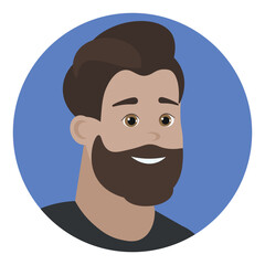 Man with beard avatar. Dark hair, dark eyes, caucasian. Vector flat illustration. Cartoon people design. Suitable for animation, using in web, apps, books, education projects