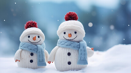 Generative AI. Two crocheted snowmen in warm hats and scarves on the street