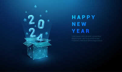 Abstract open gift box and flying numbers 2024, blue stars. Low poly style design. - obrazy, fototapety, plakaty