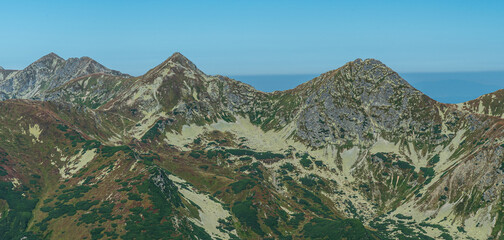 Ostry Rohac, Placlive, Tri kopy and Hruba kopa mountain peaks in Western Tatras mountains in Slovakia - obrazy, fototapety, plakaty
