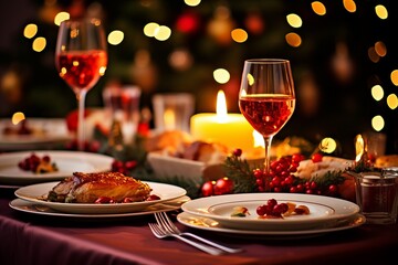 A Christmas dinner set on a beautifully adorned table, featuring vibrant plates and arranged cutlery - obrazy, fototapety, plakaty