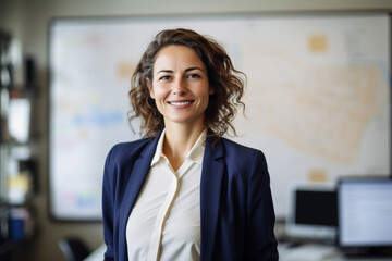 Portrait of confident businesswoman in office, Smiling female professional is standing against whiteboard with charts and adhesive notes, Smiling manager is in businesswear at workplace