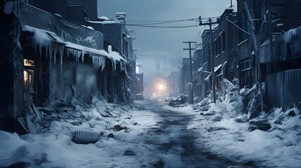 Icy City Streets in Winter: Urban Scene Enveloped in Frost and Snow