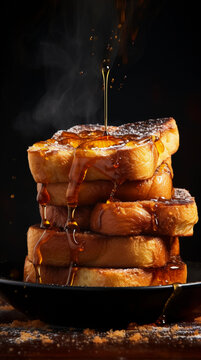 Steaming hot french toast with maple syrup on black background. 