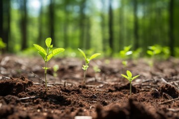 Fototapeta premium A fresh start in the forest's rejuvenation journey. Saplings and new vegetation emerging as nature begins to reclaim