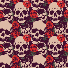 Skulls and red roses seamless stylized pattern.
