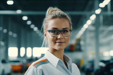 Portrait of Female Automotive Industry Engineer Wearing Safety Glasses and High Visibility Vest at Car Factory Facility, Confident Assembly Plant Specialist Working on Manufacturing Modern Vehicles