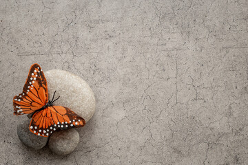Marble stones with butterfly - calmness and harmony background. Maditation concept