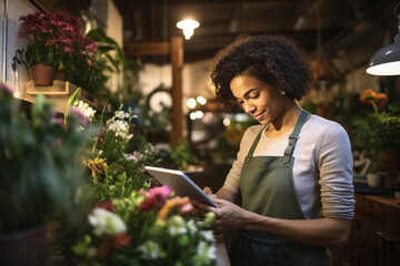 Portrait of Florist Using Tablet on Small Business Flower Shop - obrazy, fototapety, plakaty