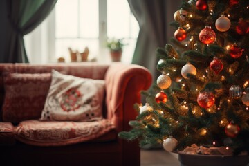 Cozy Christmas Home: A splendid Christmas tree adorned with twinkling garlands and colorful baubles