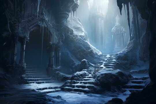 Wintry cavern. Frozen dungeon-like passage. Frosty gateway into a majestic hidden grotto. Icy walls and floor. Generative AI