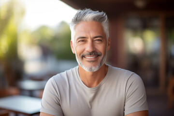 Portrait of happy mature man with white, grey stylish short beard looking at camera outdoor, Casual lifestyle of retired hispanic people or adult asian man smile with confident at coffee shop cafe