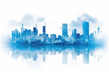 bright blue and neon city scape stencil for a website banner with business elements background wallpaper