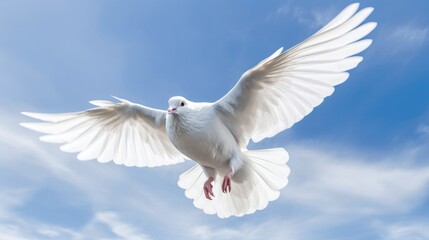 Fototapeta premium White dove with outstretched wings on blue sky