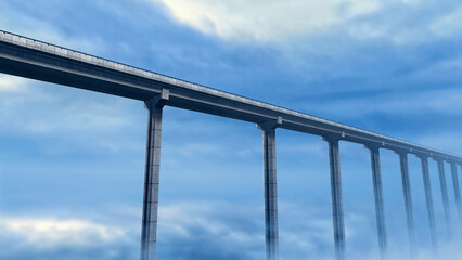 A large long span concrete bridge seen in perspective crosses the sky above the clouds. 3D Rendering