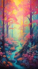 A forest with a hidden fairy village. Fantasy concept , Illustration painting. Generative AI