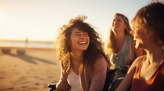 Girl in a Wheelchair smile happiness with friends in summertime. Joyful moments among friends at the beach, inclusivity and happiness.