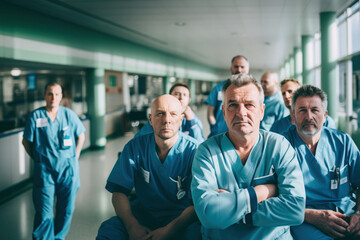 Confident doctors with their team in the background.
Surgeon doctors team in hospital